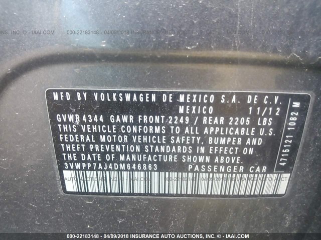 3VWPP7AJ4DM646863 - 2013 VOLKSWAGEN JETTA S/SE 灰色 照片 9