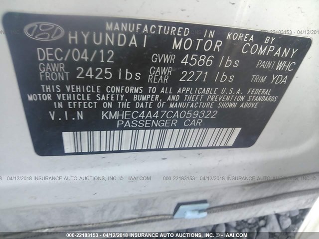 KMHEC4A47CA059322 - 2012 HYUNDAI SONATA HYBRID WHITE photo 9