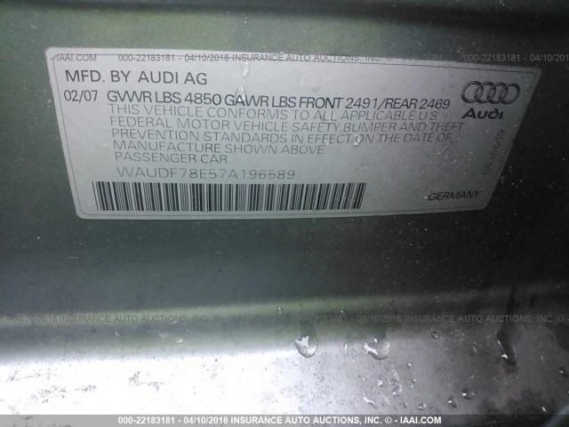 WAUDF78E57A196589 - 2007 AUDI A4 2.0T QUATTRO GRAY photo 9