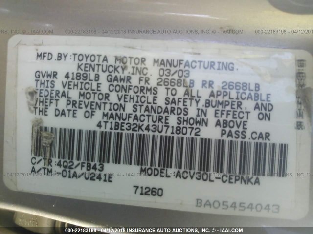 4T1BE32K43U718072 - 2003 TOYOTA CAMRY LE/XLE/SE Алтын фото 9