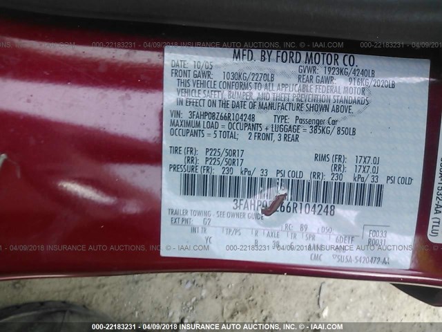 3FAHP08Z66R104248 - 2006 FORD FUSION SEL RED photo 9