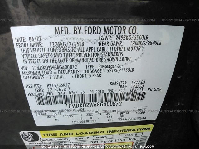 1FMDK02W68GA00872 - 2008 FORD TAURUS X SEL GRAY photo 9