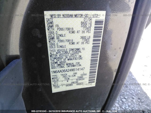 1N6AA06A24N514147 - 2004 NISSAN TITAN XE/SE/LE GRAY photo 9