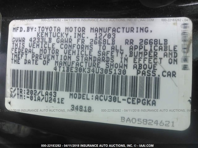 4T1BE30K34U305130 - 2004 TOYOTA CAMRY LE/XLE/SE შავი ფოტო 9