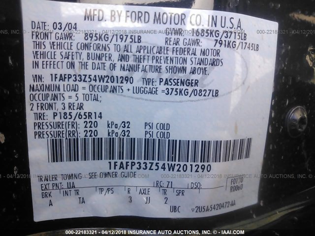 1FAFP33Z54W201290 - 2004 FORD FOCUS LX BLACK photo 9