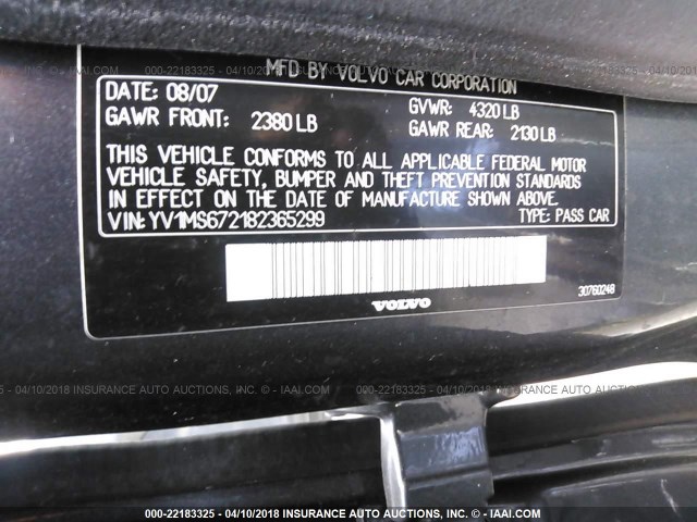 YV1MS672182365299 - 2008 VOLVO S40 T5 GRAY photo 9