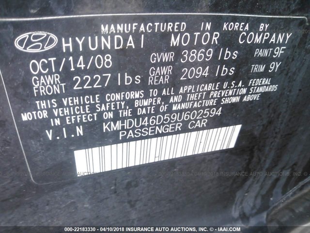 KMHDU46D59U602594 - 2009 HYUNDAI ELANTRA GLS/SE BLACK photo 9