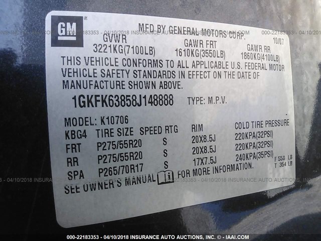 1GKFK63858J148888 - 2008 GMC YUKON DENALI GRAY photo 9