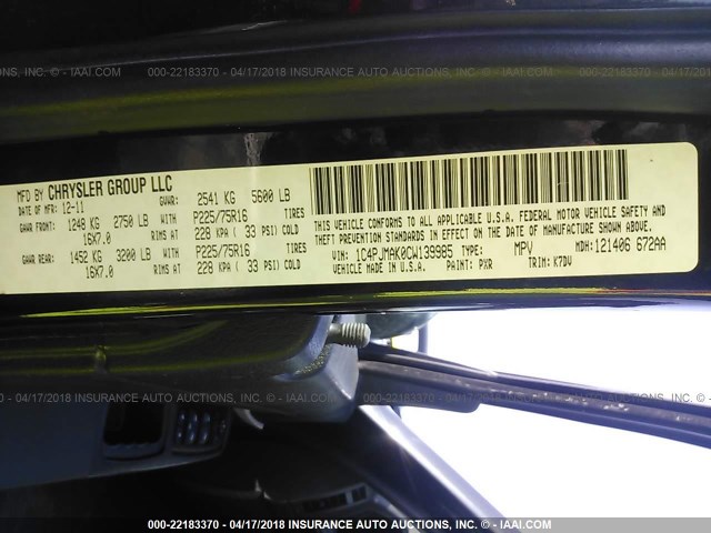 1C4PJMAK0CW139985 - 2012 JEEP LIBERTY SPORT 黑色 照片 9