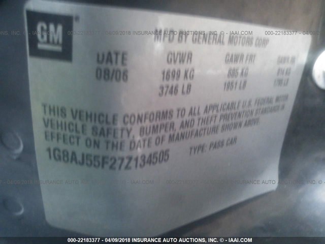 1G8AJ55F27Z134505 - 2007 SATURN ION LEVEL 2 SILVER photo 9