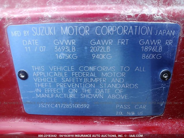 JS2YC417285100392 - 2008 SUZUKI SX4 TOURING RED photo 9