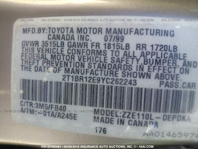 2T1BR12E9YC262243 - 2000 TOYOTA COROLLA VE/CE/LE GOLD photo 9