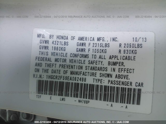 1HGCR2F59EA062498 - 2014 HONDA ACCORD SPORT Ақ фото 9