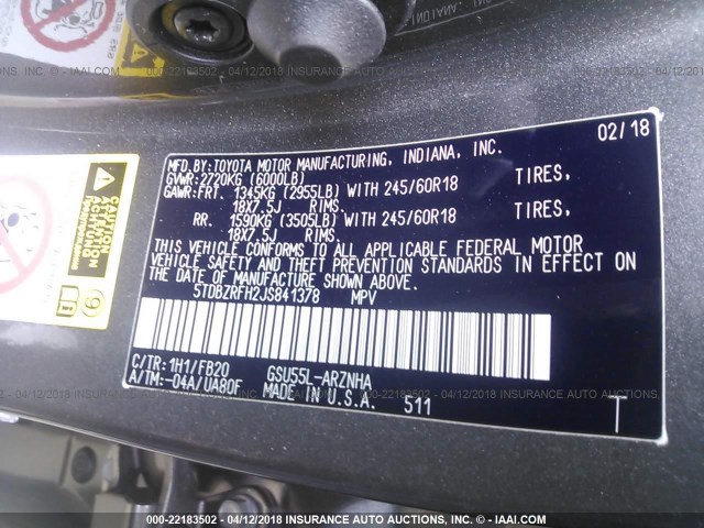 5TDBZRFH2JS841378 - 2018 TOYOTA HIGHLANDER LE/LE PLUS GRAY photo 9