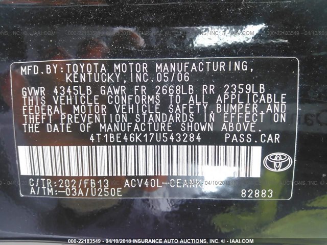 4T1BE46K17U543284 - 2007 TOYOTA CAMRY NEW GENERAT CE/LE/XLE/SE BLACK photo 9