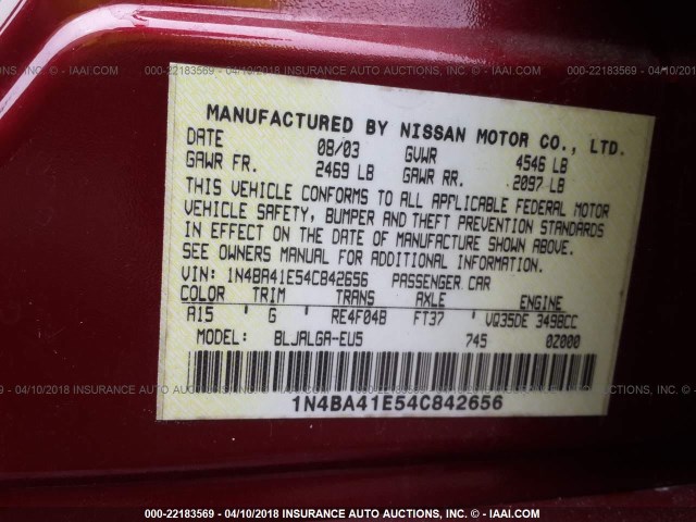 1N4BA41E54C842656 - 2004 NISSAN MAXIMA SE/SL RED photo 9