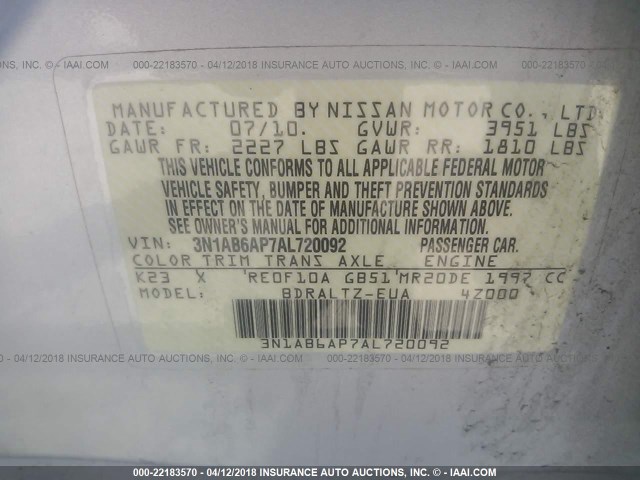 3N1AB6AP7AL720092 - 2010 NISSAN SENTRA 2.0/2.0S/SR/2.0SL SILVER photo 9