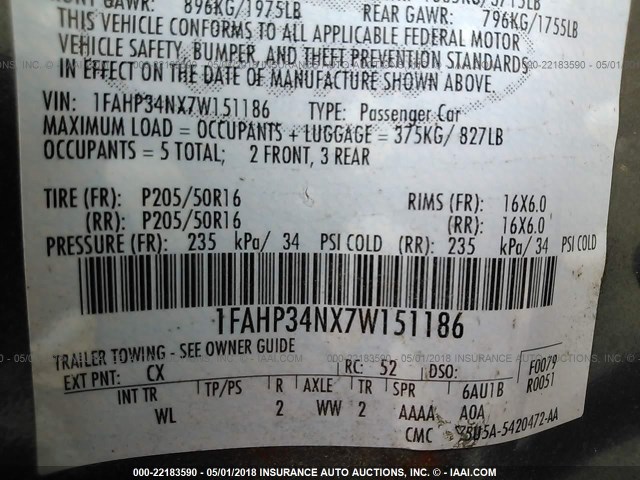 1FAHP34NX7W151186 - 2007 FORD FOCUS ZX4/S/SE/SES 灰色 照片 9