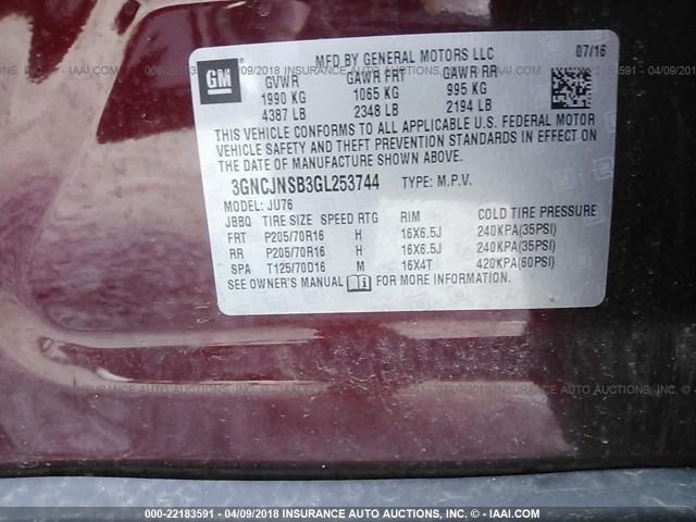 3GNCJNSB3GL253744 - 2016 CHEVROLET TRAX LS BURGUNDY photo 9