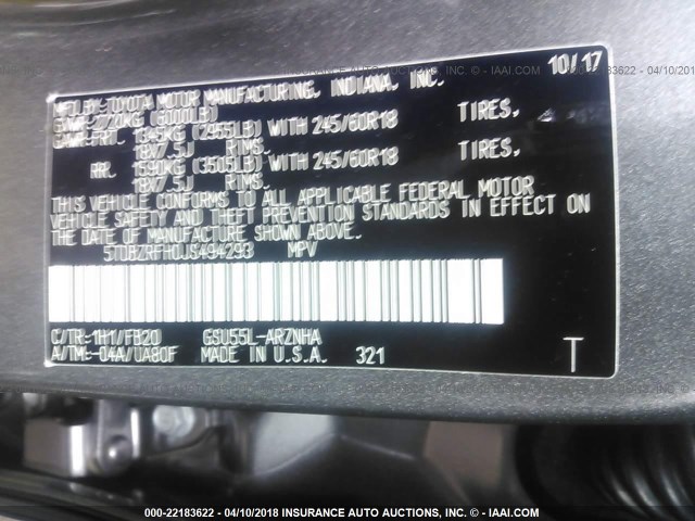 5TDBZRFH0JS494293 - 2018 TOYOTA HIGHLANDER LE/LE PLUS GRAY photo 9