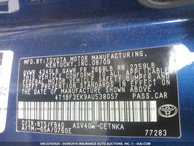 4T1BF3EK9AU538057 - 2010 TOYOTA CAMRY SE/LE/XLE 蓝色 照片 9