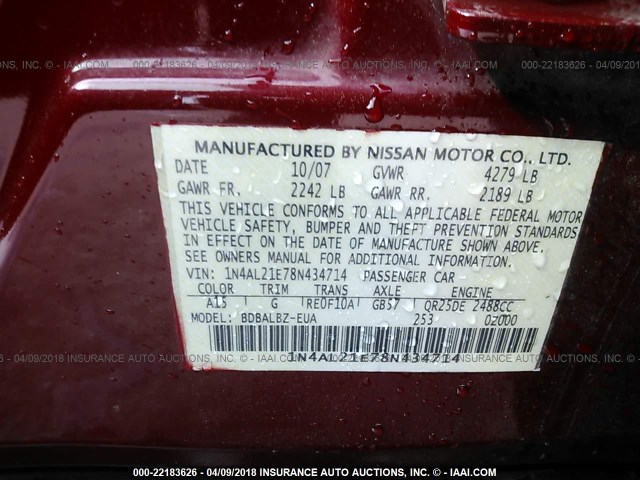 1N4AL21E78N434714 - 2008 NISSAN ALTIMA 2.5/2.5S RED photo 9