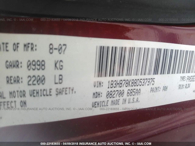 1B3HB78K88D537975 - 2008 DODGE CALIBER R/T RED photo 9