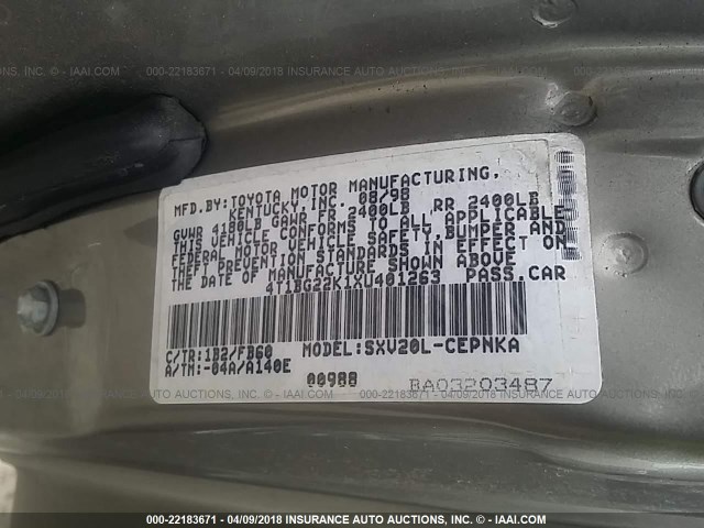 4T1BG22K1XU401263 - 1999 TOYOTA CAMRY CE/LE/XLE BEIGE photo 9