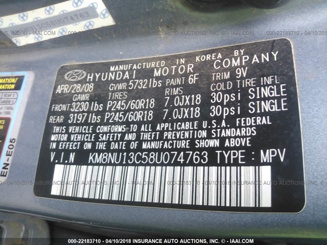 KM8NU13C58U074763 - 2008 HYUNDAI VERACRUZ GLS/SE/LIMITED BLUE photo 9