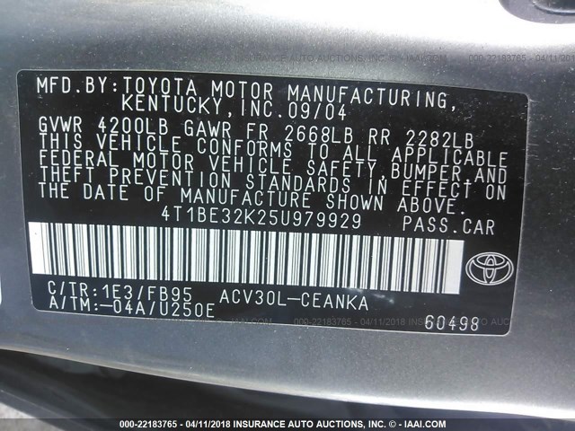 4T1BE32K25U979929 - 2005 TOYOTA CAMRY LE/XLE/SE ნაცრისფერი ფოტო 9