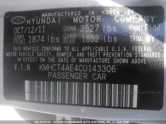 KMHCT4AE4CU143306 - 2012 HYUNDAI ACCENT GLS/GS SILVER photo 9