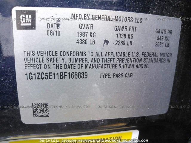 1G1ZC5E11BF166839 - 2011 CHEVROLET MALIBU 1LT 蓝色 照片 9