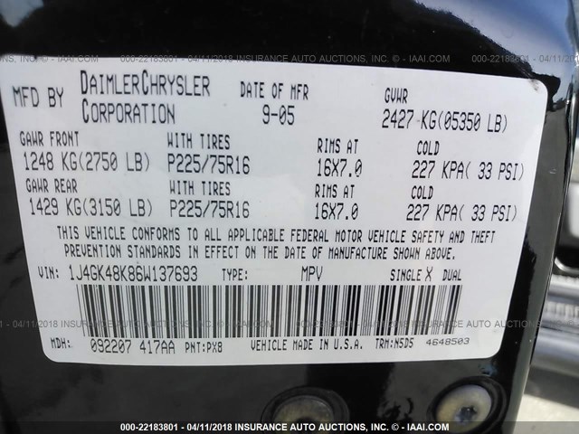 1J4GK48K86W137693 - 2006 JEEP LIBERTY SPORT 黑色 照片 9