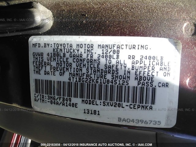4T1BG22K61U045125 - 2001 TOYOTA CAMRY CE/LE/XLE ბურგუნდია ფოტო 9