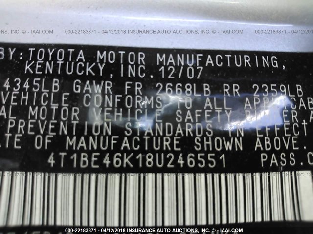 4T1BE46K18U246551 - 2008 TOYOTA CAMRY CE/LE/XLE/SE SILVER photo 9