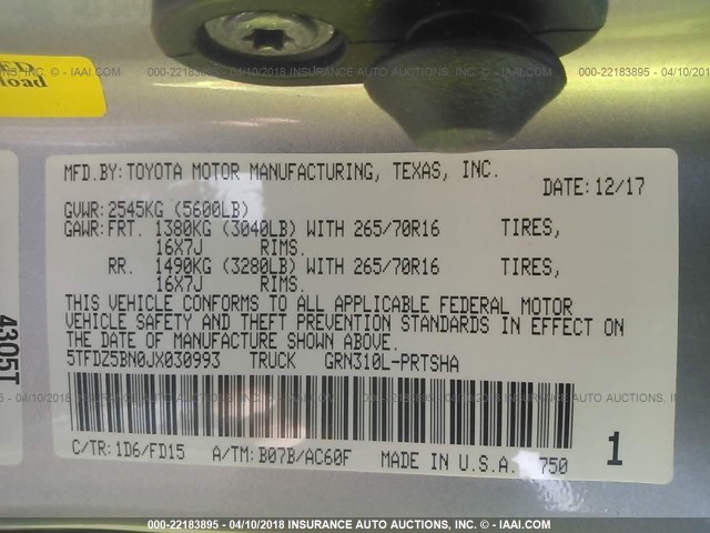 5TFDZ5BN0JX030993 - 2018 TOYOTA TACOMA DBL CAB/SR5/TRD SPORT/OR SILVER photo 9