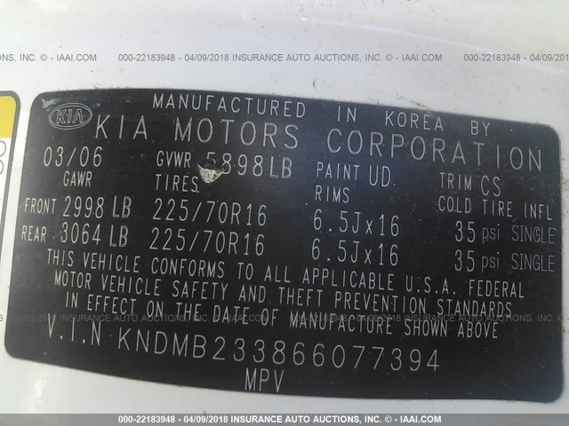 KNDMB233866077394 - 2006 KIA SEDONA EX/LX WHITE photo 9