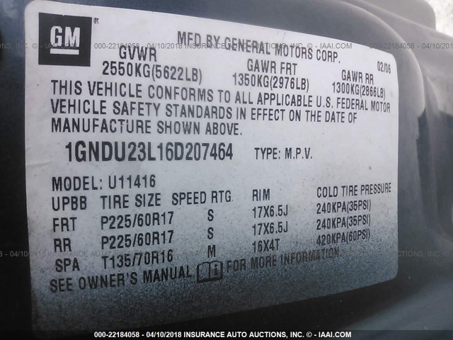 1GNDU23L16D207464 - 2006 CHEVROLET UPLANDER LS BLUE photo 9