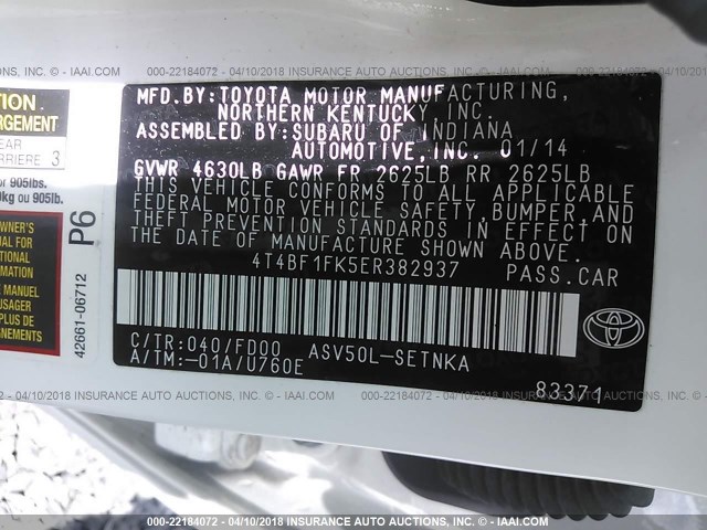 4T4BF1FK5ER382937 - 2014 TOYOTA CAMRY L/SE/LE/XLE 白色 照片 9