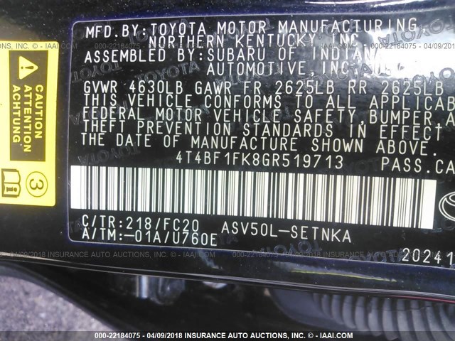 4T4BF1FK8GR519713 - 2016 TOYOTA CAMRY LE/XLE/SE/XSE BLACK photo 9