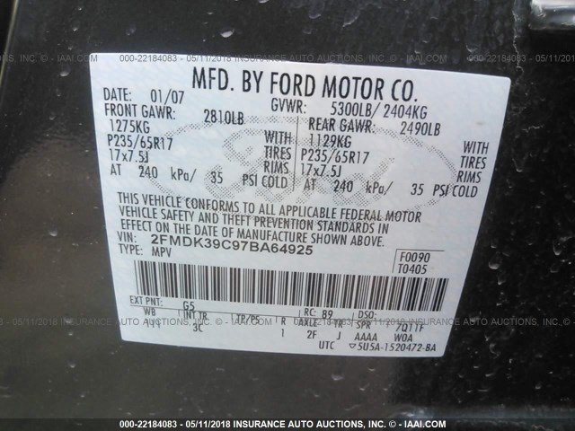 2FMDK39C97BA64925 - 2007 FORD EDGE SEL PLUS BLACK photo 9