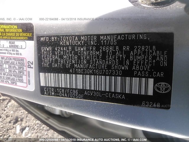 4T1BE30K16U707330 - 2006 TOYOTA CAMRY LE/XLE/SE BLACK photo 9