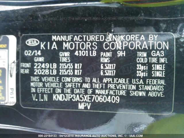 KNDJP3A5XE7060409 - 2014 KIA SOUL + BLACK photo 9