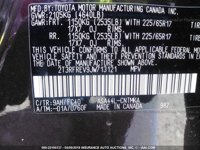 2T3RFREV9JW713121 - 2018 TOYOTA RAV4 ADVENTURE/XLE Bordo foto 9