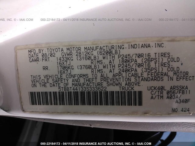 5TBBT44133S333622 - 2003 TOYOTA TUNDRA ACCESS CAB SR5 WHITE photo 9