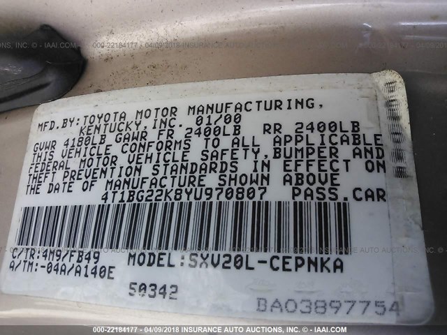 4T1BG22K8YU970807 - 2000 TOYOTA CAMRY CE/LE/XLE 金色 照片 9