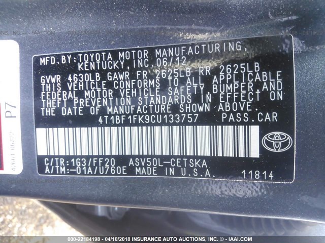 4T1BF1FK9CU133757 - 2012 TOYOTA CAMRY SE/LE/XLE Сұр фото 9