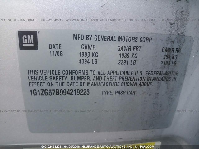 1G1ZG57B994219223 - 2009 CHEVROLET MALIBU LS 银色 照片 9