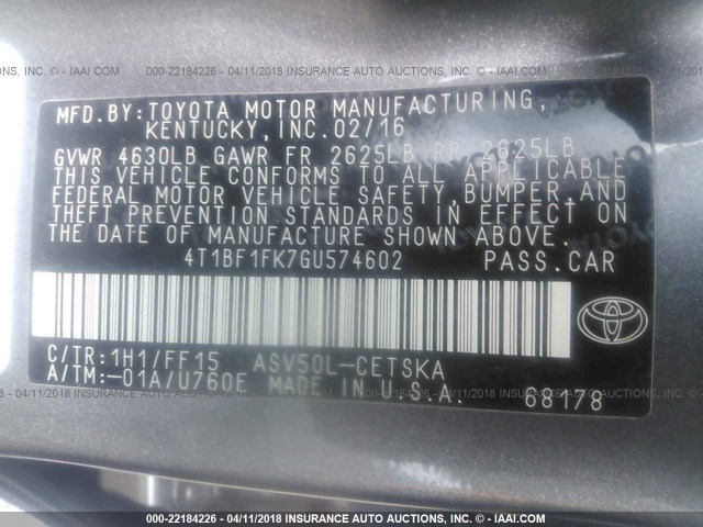 4T1BF1FK7GU574602 - 2016 TOYOTA CAMRY LE/XLE/SE/XSE Gris photo 9
