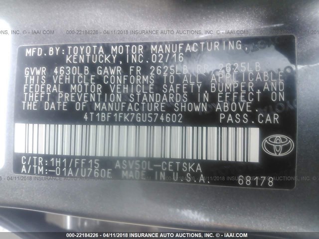 4T1BF1FK7GU574602 - 2016 TOYOTA CAMRY LE/XLE/SE/XSE GRAY photo 9